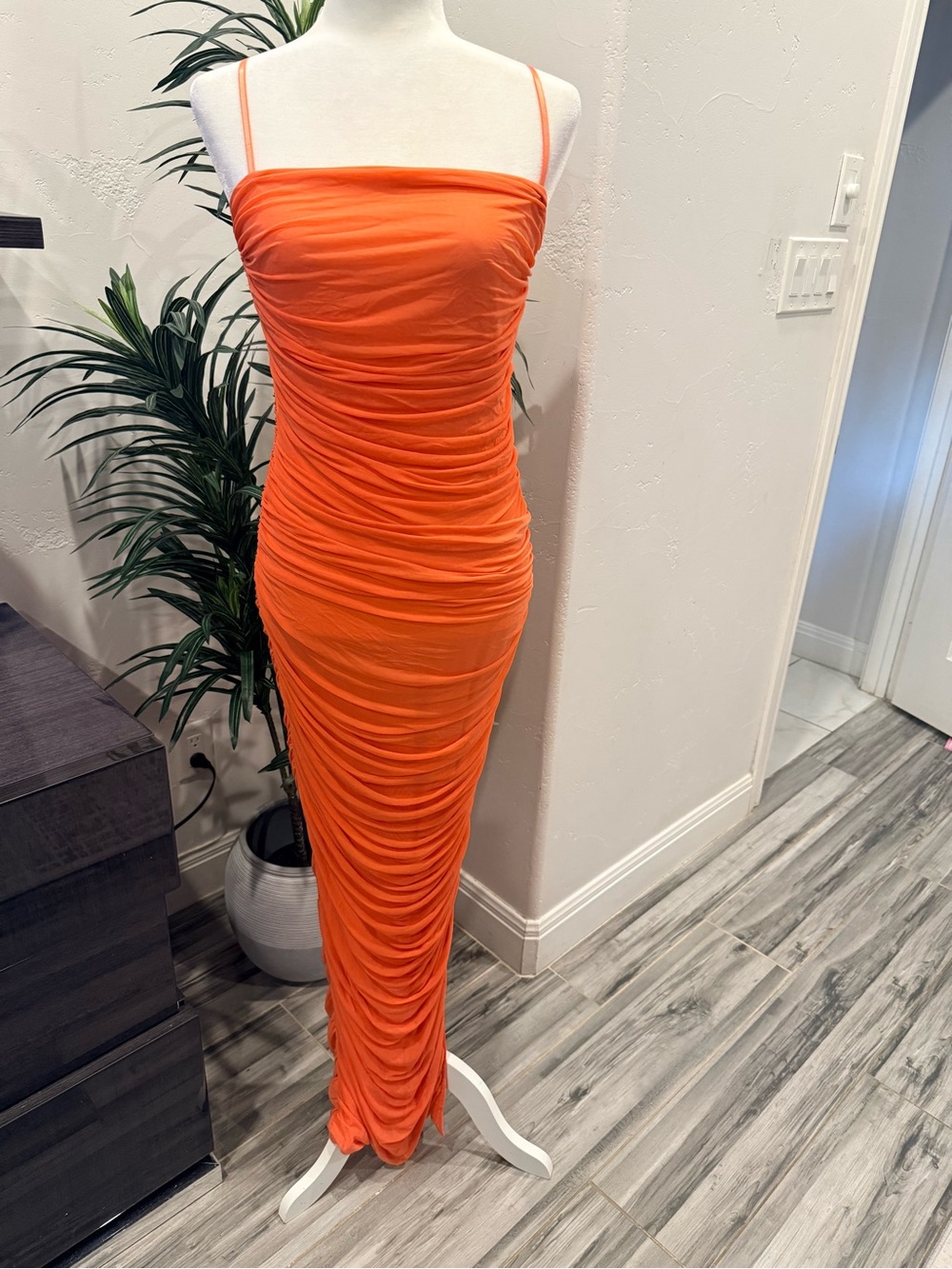 VENUS Orange Ruched Maxi Dress with Spaghetti Straps